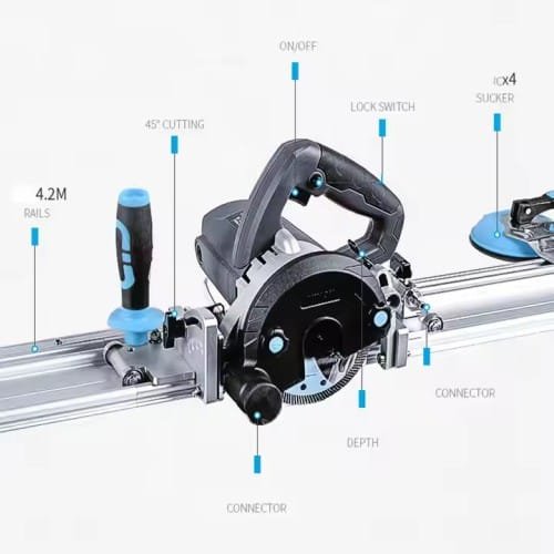 Portable 45 Degree Miter Vertical Cutter Machine with Rail Guide for Large Format Ceramic Tiles and Marble